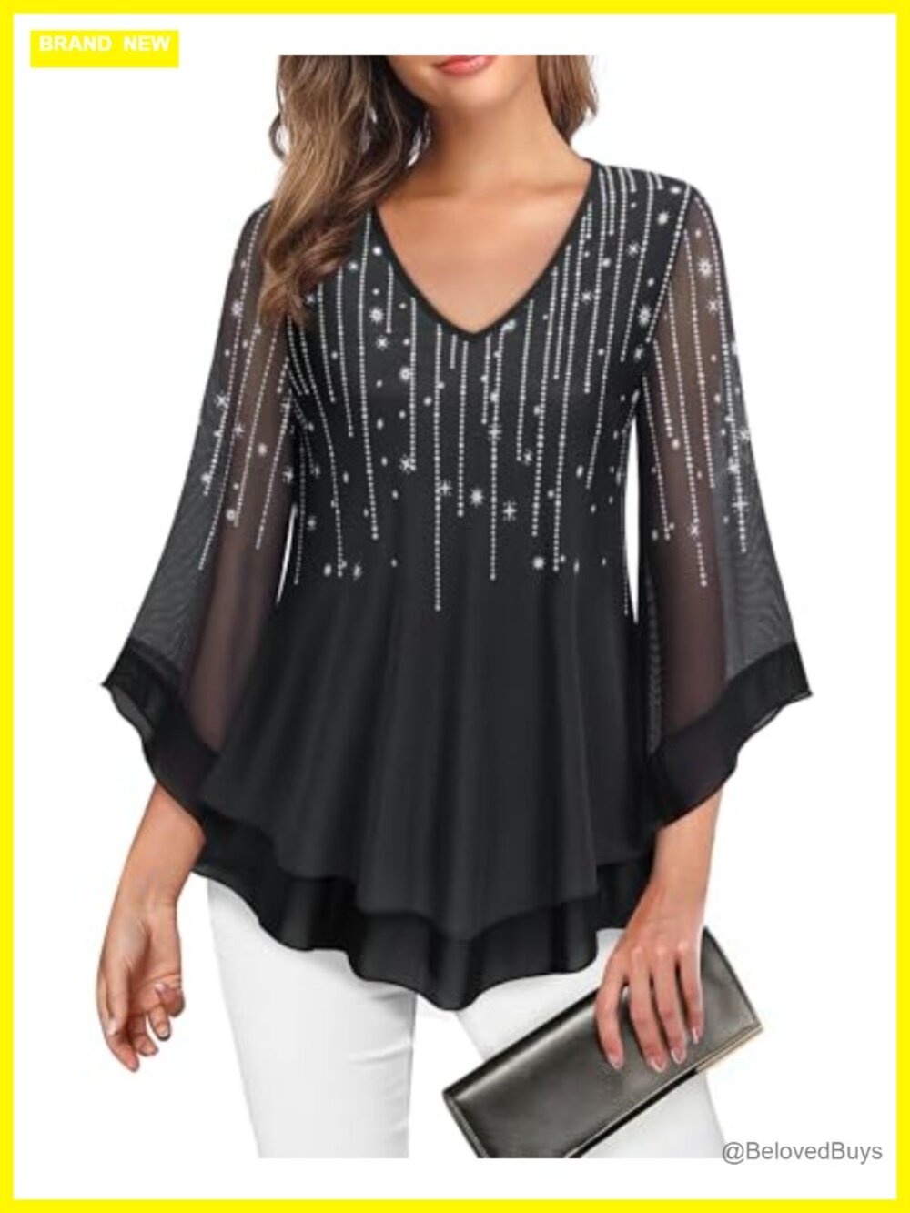 Lotusmile Double Layer Mesh Blouse Ruffle 3/4 Flared Sleeve Tunic Top